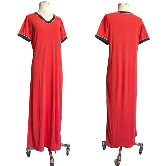 70s 80s Vintage T-shirt Dress Maxi Ringer V-neck Soft Thin Contrast Collar. - Picture 8 of 9